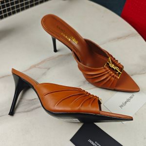 Saint Laurent Babylone Stiletto Mules Women Smooth Calfskin Brown/Gold