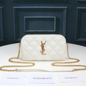 Saint Laurent Becky Double-Zip Pouch In Diamond-Quilted Lambskin White/Gold