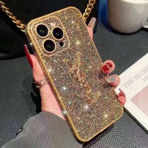 Saint Laurent Cassandre iPhone Case In Silicon with Glitter Crystals Gold