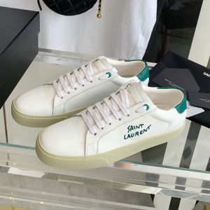 Saint Laurent Court Classic Sneakers Unisex Embroidered Leather with Green Logo White/Green