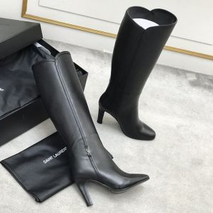 Saint Laurent Jane High-Heel Boots Women Smooth Leather with YSL Signature Black