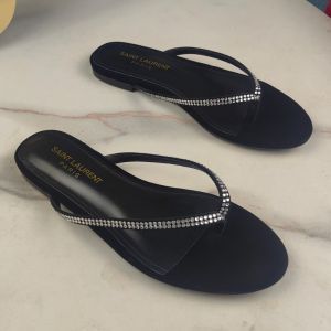 Saint Laurent Joni Flat Flip-Flop Slides Women Suede and Rhinestones Black/White