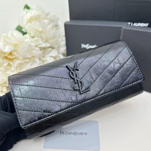 Saint Laurent Large Cassandra Bifold Wallet In Crinkled Matelasse Leather Black