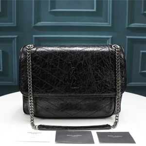 Saint Laurent Large Niki Chain Bag In Crinkled And Quilted Leather Black/Silver