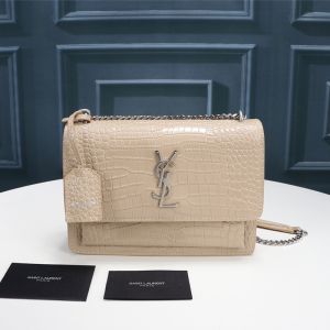 Saint Laurent Medium Sunset Chain Bag In Crocodile Embossed Leather Apricot/Silver