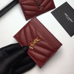 Saint Laurent Monogram Card Case In Grained Matelasse Leather Burgundy/Gold