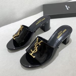 Saint Laurent Monogram Heeled Slides Women Patent Leather Black