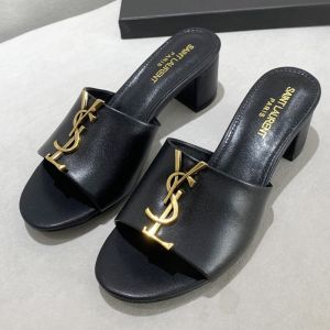 Saint Laurent Monogram Heeled Slides Women Calf Leather Black