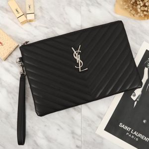 Saint Laurent Monogram Clutch In Matelasse Leather Black/Silver