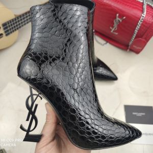 Saint Laurent Opyum Ankle Boots Women Stone Grain Leather With Black Heel Black