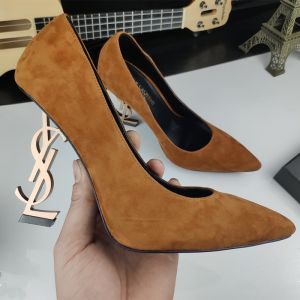 Saint Laurent Opyum Pumps Women Suede with Gold Heel Brown