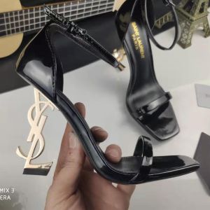 Saint Laurent Opyum Sandals Women Patent Leather with Gold Heel Black