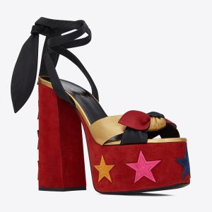 Saint Laurent Paige Platform Sandals Women Suede With Stars Patchwork Red