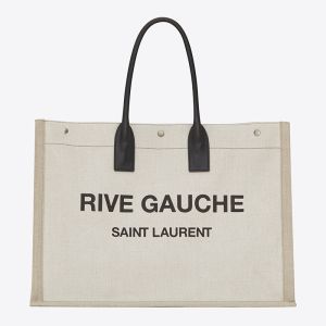 Saint Laurent Rive Gauche Tote In Linen And Leather White