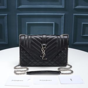 Saint Laurent Small Envelope Chain Bag In Mixed Grained Matelasse Leather Black/Silver