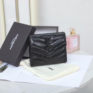 Saint Laurent Small Monogram Trifold Wallet In Crinkled Matelasse Leather Black