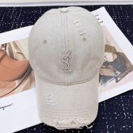 Saint Laurent Baseball Cap In Washed Denim with Cassandre Crystals Grey