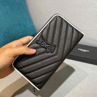 Saint Laurent Large Monogram Zip Around Wallet In Grained Matelasse Leather Black/White