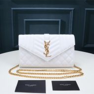 Saint Laurent Large Monogram Chain Wallet In Mixed Grained Matelasse Leather White/Gold