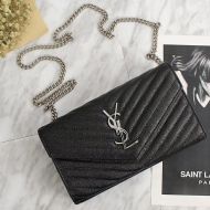 Saint Laurent Large Monogram Chain Wallet In Grained Matelasse Leather Black/Silver