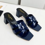 Saint Laurent Tribute Heeled Slides Women Patent Leather Navy Blue