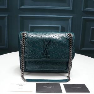 Saint Laurent Baby Niki Chain Bag In Crinkled And Quilted Leather Green/Silver