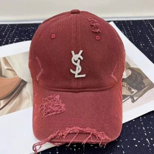 Saint Laurent Baseball Cap In Washed Denim with Cassandre Crystals Burgundy