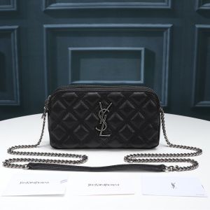 Saint Laurent Becky Double-Zip Pouch In Diamond-Quilted Lambskin Black/Silver