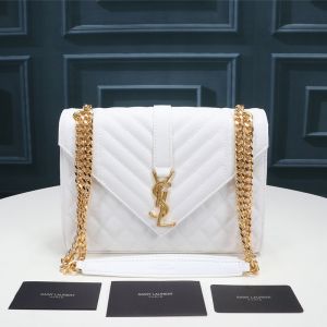 Saint Laurent Medium Envelope Chain Bag In Mixed Grained Matelasse Leather White/Gold