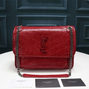 Saint Laurent Medium Niki Chain Bag In Crinkled And Quilted Leather Red/Silver