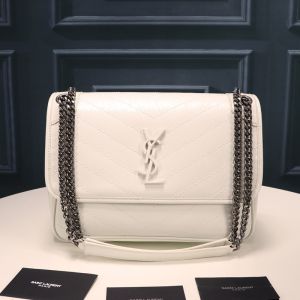 Saint Laurent Medium Niki Chain Bag In Crinkled And Quilted Leather White/Silver