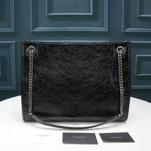 Saint Laurent Medium Niki Shopping Bag In Crinkled Vintage Leather Black/Silver