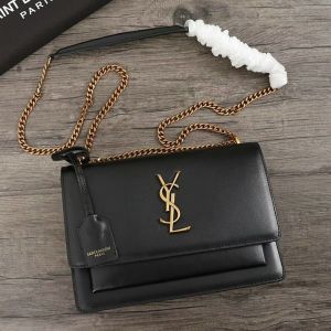 Saint Laurent Medium Sunset Chain Bag In Leather Black/Gold