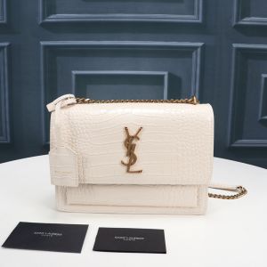 Saint Laurent Medium Sunset Chain Bag In Crocodile Embossed Leather White/Gold