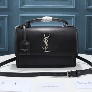 Saint Laurent Medium Sunset Satchel In Smooth Leather Black/Silver