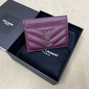 Saint Laurent Monogram Card Case In Grained Matelasse Leather Purple/Silver