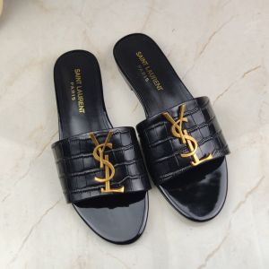 Saint Laurent Monogram Slides Women Crocodile Embossed Leather Black/Gold