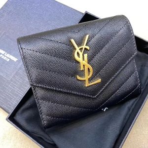 Saint Laurent Monogram Trifold Card Case In Grained Matelasse Leather Black/Gold