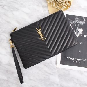 Saint Laurent Monogram Clutch In Matelasse Leather Black/Gold