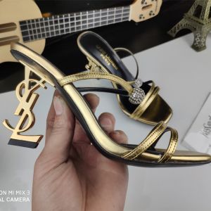 Saint Laurent Opyum Slides Women Calf Leather With Crystal Ball Gold