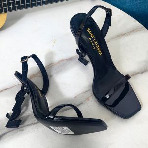 Saint Laurent Opyum Slingback Sandals Women Patent Leather with Black Heel Black