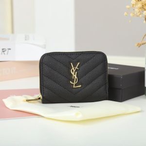 Saint Laurent Small Monogram Zip Around Wallet In Grained Matelasse Leather Black/Gold