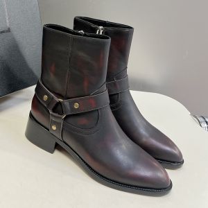 Saint Laurent Wyatt Harness Ankle Boots Women Smooth Leather Black/Burgundy