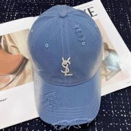 Saint Laurent Baseball Cap In Washed Denim with Cassandre Crystals Blue