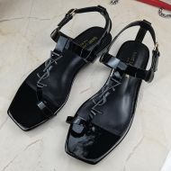 Saint Laurent Cassandra Flat Sandals with Toehold Loop Women Patent Leather Black