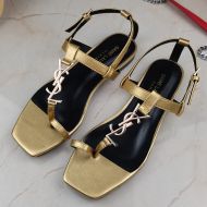 Saint Laurent Cassandra Flat Sandals with Toehold Loop Women Smooth Leather Gold