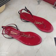 Saint Laurent Cassandra Flat Sandals With T-Strap Women Patent Leather Red/Gold