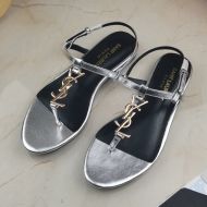 Saint Laurent Cassandra Flat Sandals With T-Strap Women Calfskin Leather Silver