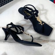 Saint Laurent Cassandra Kitten Sandals with T-Strap Women Smooth Leather Black/Gold