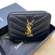 Saint Laurent Small Compact Zip Around Wallet In Grained Matelasse Leather Black/Gold